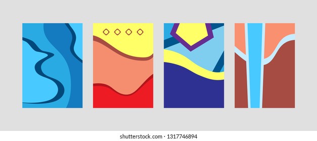 Set of vertical templates for design. Collection of abstract trendy rectangular backgrounds. Blue, yellow, brown, purple, red colours. Simple vector illustration.