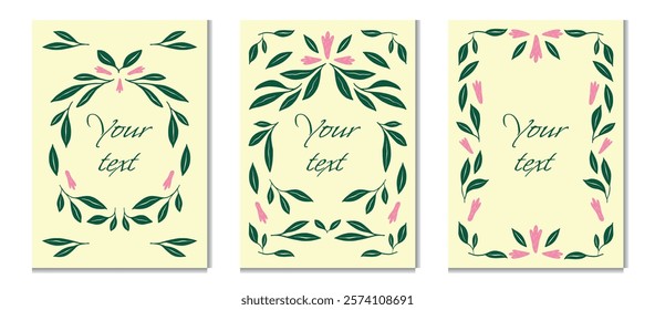 A set of vertical templates featuring hand-drawn floral patterns, calligraphic text placeholders, and botanical elegance. Ideal for invitations, greeting cards, or romantic designs.