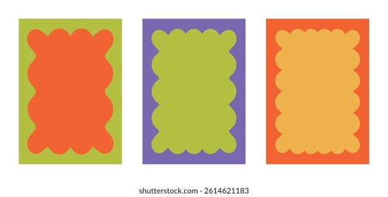 Set of vertical templates with frames and zigzag edges. Rectangular scalloped frames. Vector element for banner, text box, invitation, badge design.