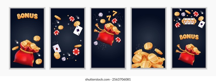 Set of vertical templates for stories, flyers, banners, brochures. Red bag with gold coins. Bonus. Gift. Cards, roulette, chips, casino.