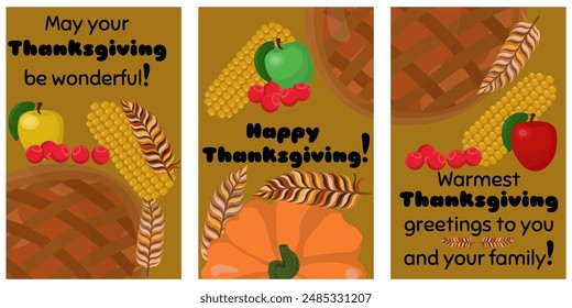 Set of vertical Thanksgiving cards, posters or banners with harvest and holiday baking vector illustration