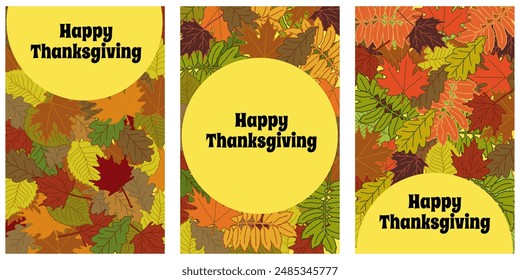 Set of vertical Thanksgiving cards, posters or banners with autumn leaves vector illustration for the holiday