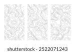 Set of vertical topographic map patterns isolated on transparent background. Line contour geographic abstract grid. Editable stroke. Topographic relief. Subtle white vector background. Map elevation