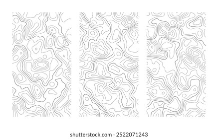 Conjunto de padrões de mapa topográfico vertical isolado no plano de fundo transparente. Grade abstrata geográfica do contorno da linha. Traçado editável. Alívio topográfico. Fundo de vetor branco sutil. Elevação do mapa