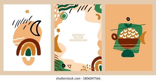 Set of vertical trend posters in Bono aesthetics. Cut shapes, abstract shapes, brushstrokes, strokes isolated on white. Background template for invitations in vintage style. Flat vector illustration.
