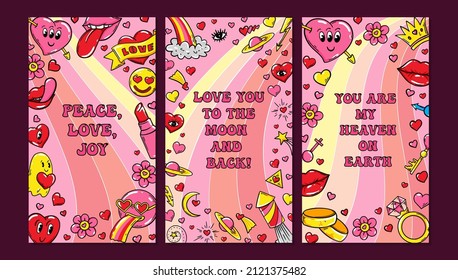 Set of vertical trendy love posters with cute comic illustrations. Groovy vector design