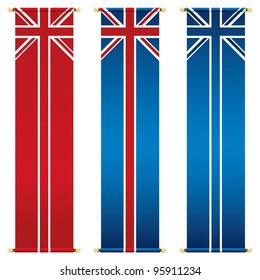 set of vertical union jack banners isolated on white