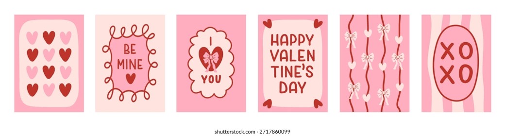 Set of vertical Valentine' s Day cards in hand drawn style. Template for cards, branding, banner, cover, label, poster. Vector illustration