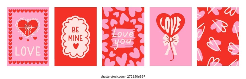 Set von vertikalen Valentinstag-Karten in handgezeichnetem Stil. Vorlage für Karten, Branding, Banner, Cover, Label, Poster. Vektorgrafik