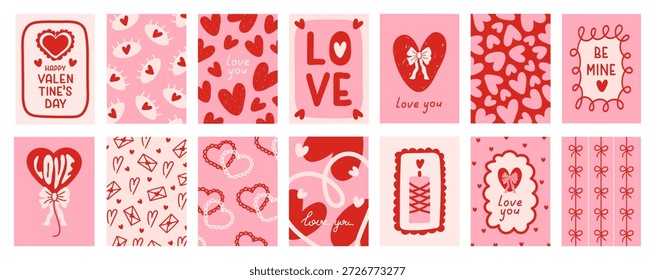 Set of vertical Valentine' s Day cards in hand drawn style. Template for cards, branding, banner, cover, label, poster. Vector illustration