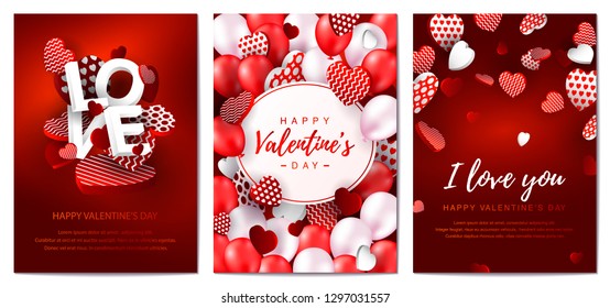 Set of vertical Valentines day cards. Valentines day design for banners, flyers, newsletters, postcards. Space for text. Vector illustration.