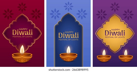 Set of vertical vector banners for Diwali festival with traditional oil lamps, ornaments and bright backgrounds.