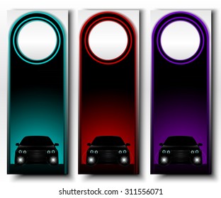 Set of vertical vector banners with frontal view cars. 