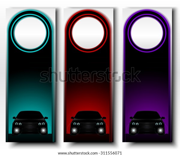 Set\
of vertical vector banners with frontal view cars.\
