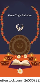 Set of vertical vector banners honouring Guru Tegh Bahadur Ji (Hind di Chadar). Features Khanda, Kirpan, shield and diyas. Ideal for Gurpurab, Shaheedi Diwas greetings and posts.