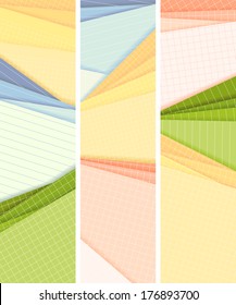 Set vertical vector banners lined and squared sheets of paper from notebook lie on each other with place for text.