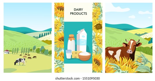 Set of vertical vector banners on rural themes, farm background, dairy products. 