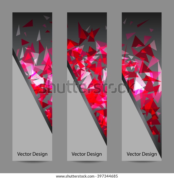 A set of vertical vector banners with\
pink triangles on dark background. Abstract explosion. Business,\
science, medicine and technology\
design.