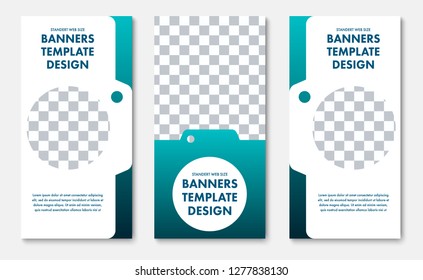 set of vertical vector banners with a place for photos in the shape of a photo camera. Templates for web standard size for advertising.