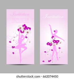 A set of vertical vector banners with tender ballerinas in floral dress.