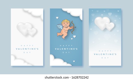 Set of vertical vector banners. Valentines day background, contain cupid holding arrow, white hearts and clouds. Happy Valentine's Day text
