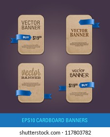 A set of vertical vector cardboard paper promo banners decorated with blue ribbon tags