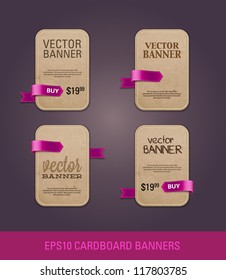 A set of vertical vector cardboard paper promo banners decorated with purple ribbon tags