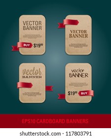 A set of vertical vector cardboard paper promo banners decorated with red ribbon tags