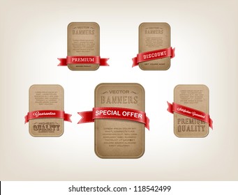 A set of vertical vector cardboard paper promo banners decorated with red ribbon tags
