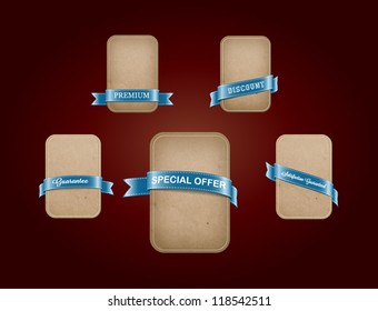 A set of vertical vector cardboard paper promo banners decorated with blue ribbon tags