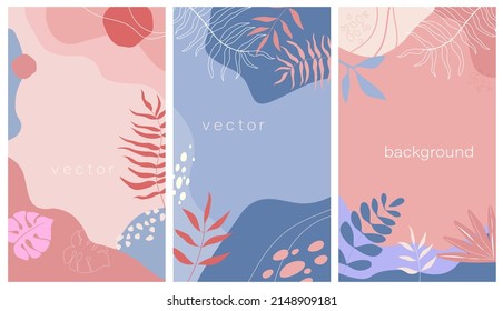 A set of vertical vector design templates in a simple contemporary style with summer tropical leaves, abstract shapes, with space for copying text, desktop wallpapers in social media.