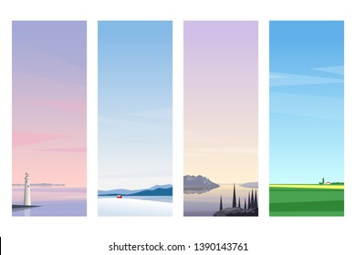 Set of vertical vector landscapes with views of nature. Side banners with copy space for web sites and advertisement. Natural sky gradients, flat design