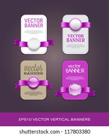 A set of vertical vector promo banners decorated with purple ribbons and various plastic round seals
