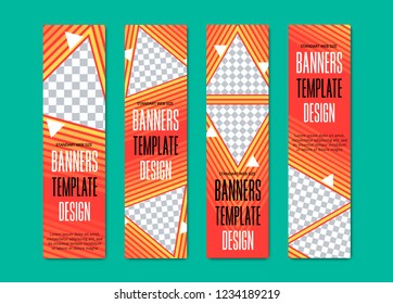 Set of vertical vector web banners with triangular shapes for photos. The templates are standard size orange with red lines.