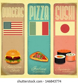 Set of Vertical Vintage Menu Card for Fast Food, Pizzeria and Sushi in Retro Style. Vector Illustration.