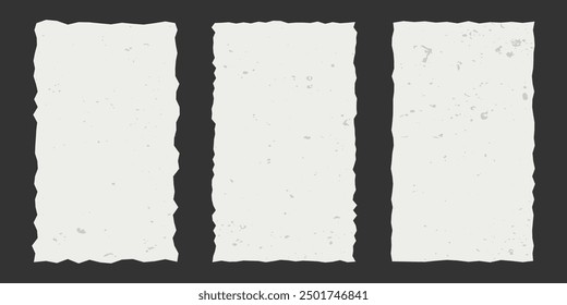Set of vertical vintage torn rectangular sheets of aged paper with jagged edges. Torn vector elements with gritty texture. Empty space for text, banner template.