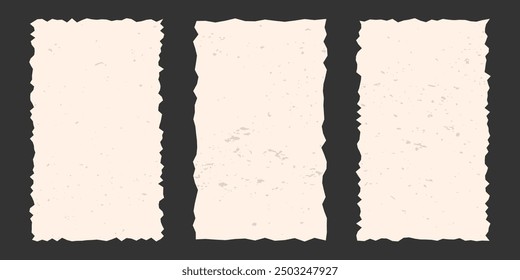 Set of vertical vintage torn rectangular sheets of aged paper with jagged edges. Torn vector elements with gritty texture. Empty space for text, template for banner and poster.