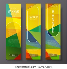 Set of vertical web banners with abstract colorful polygonal background with transparent elements and buttons. Vector illustration