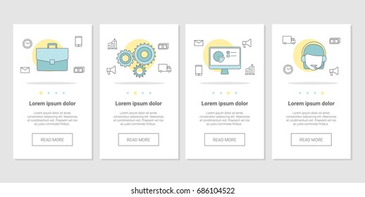 A set of vertical web banners with blue-yellow illustrations.