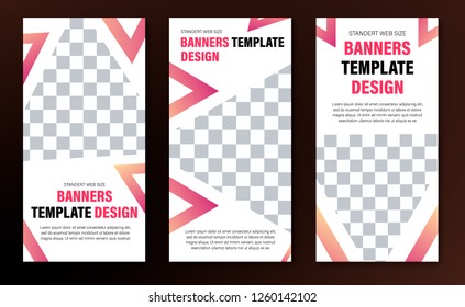 Set of vertical web banners with place for photo and abstract triangles. Templates in white standard size.