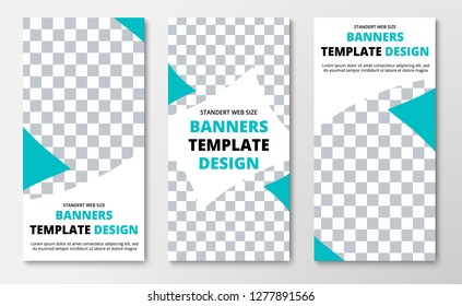 Set of vertical web banners with place for photo and triangular distorted shapes. Templates for business and advertising. Vector illustration