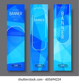 Set vertical web banners with polygonal abstract blue background with transparent elements and buttons. Vector illustration.