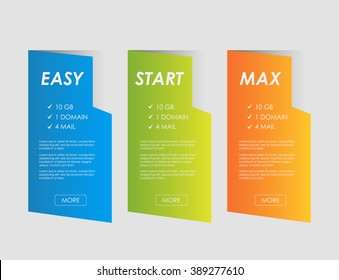 set vertical web banners. Price list, hosting plans and web boxes banners design. three tariffs. interface for the site. ui ux vector banner for web app.