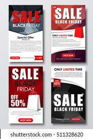set of vertical web banners for sales on Black Friday. Template with abstract polygonal elements, ribbons, bags, buttons and discounts. Vector illustration