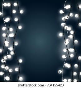 Set Of Vertical White Garland Style Christmas Lights On The Dark Blue Background. Vector Design Of Outdoor Patio Incandescent Light Strings.