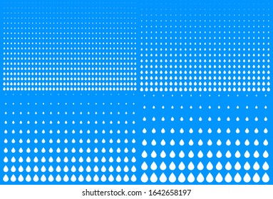 Set of vertical white gradient halftone drip dots background. Water template using half tone drops texture. Tear backdrop. Vector drips aqua pattern.