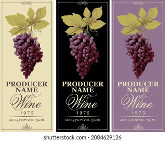 Set of vertical wine labels with realistic bunches of red grapes and calligraphic inscriptions in a frames with curls. Wine collection premium quality. Vector illustration