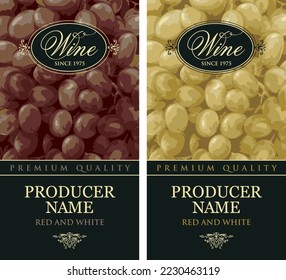 Set of vertical wine labels with realistic bunches of delicious grapes and calligraphic inscriptions in figured frames on various backgrounds. Vector illustration. Collection of quality wines