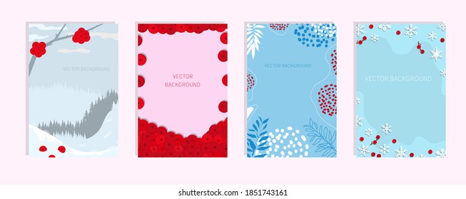 Conjunto de fondos verticales de invierno con colores azul, blanco y rojo. Nieve, copos de nieve, bayas rojas, paisaje, naturaleza, bosque, colina, dispersión de bayas de rowan, viburnum, ramas de abeto, plantas, abeto.
