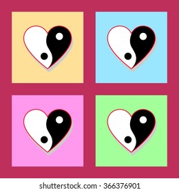 Set of vertical yin yang hearts on colored backgrounds